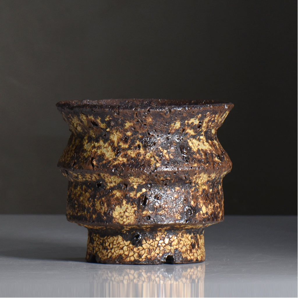 山下太 / 阿蘇石黄裂マダラ灰釉 / yf_11_m / 約 φ13.5cm / 植木鉢