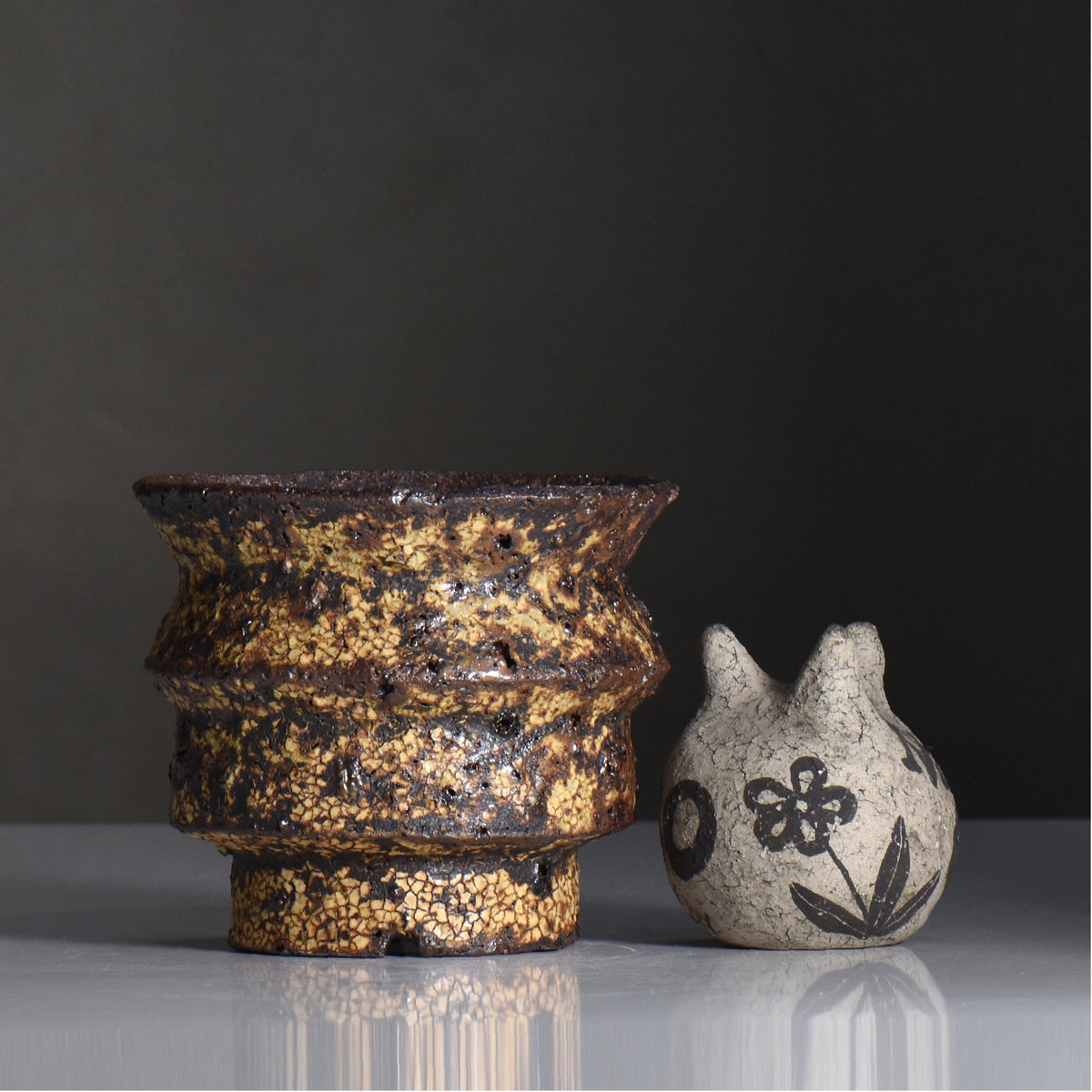 山下太 / 阿蘇石黄裂マダラ灰釉 / yf_11_m / 約 φ13.5cm / 植木鉢