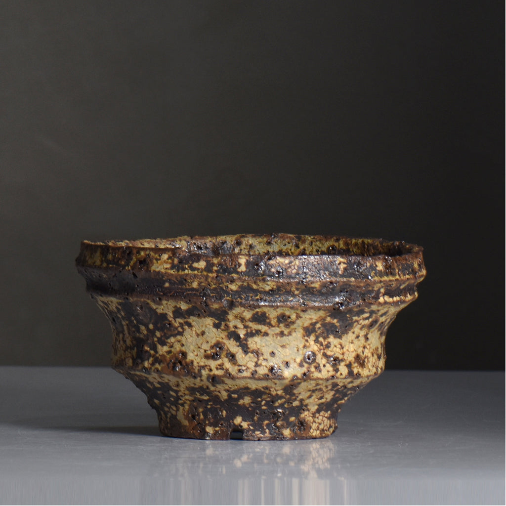 山下太 / 阿蘇石黄裂マダラ灰釉 / yf_13_l / 約 φ15.5cm / 植木鉢